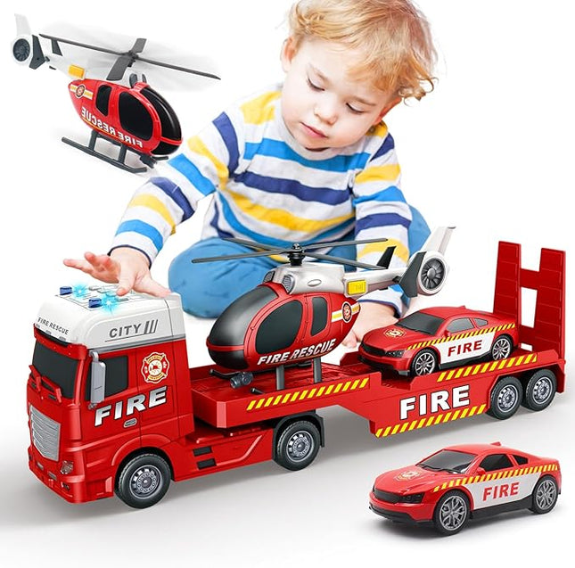 Toddler Boy Toys for 4 5 6 Year Old - 25'' Large Fire Truck Toy with Helicopter and Racing Car - Flatbed Semi Truck Firetruck Toy Birthday Gift with Sound, Light, 28pcs Traffic Signs, Kids Toys