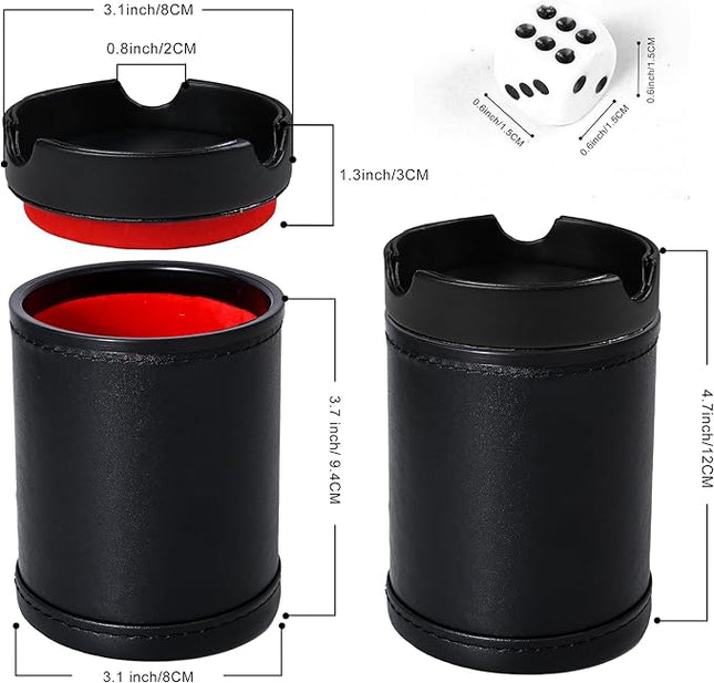 Dice Cup with Lid, PU Leather and Felt-Lined, Quiet Shaker for Yahtzee Farkle Dice Board Games, Set of Six 16mm Dice Included
