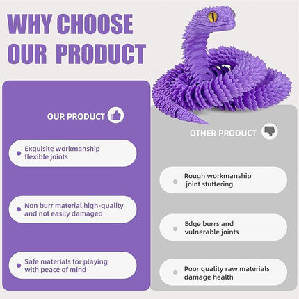 20.2 Inch 3D Printed Snake Toys,3D Printed Animals,3D Printed Toys,3-D Print Articulated Viper Collectible for Home Office Executive Desk Decoration (Purple)