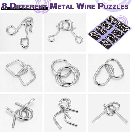 Yilloog Metal Wire Puzzle Set of 8 with Pouch, Brain Teaser Puzzles IQ Test Ring Disentanglement Unlock Interlock Game Trick Metal for Party Favor Challenge(D Style)
