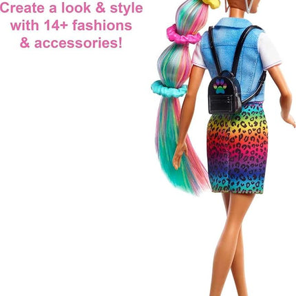 Barbie Doll Leopard Rainbow Hair with Color-Change Highlights & 16 Styling Accessories Including Clothes, Scrunchies, Brush & More