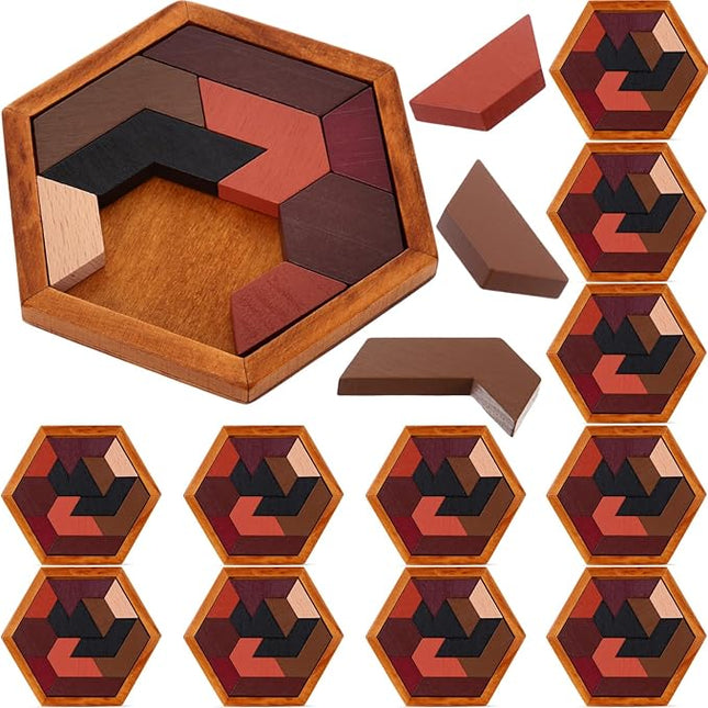 Yilloog 12 Pack Hexagon Tangram Puzzles Wooden Brain Survivor Puzzles for Adult Challenge Hexagon Tangram Brain Teaser Wood Geometric Jigsaw Russian Blocks for Family Party Gift Logic Game