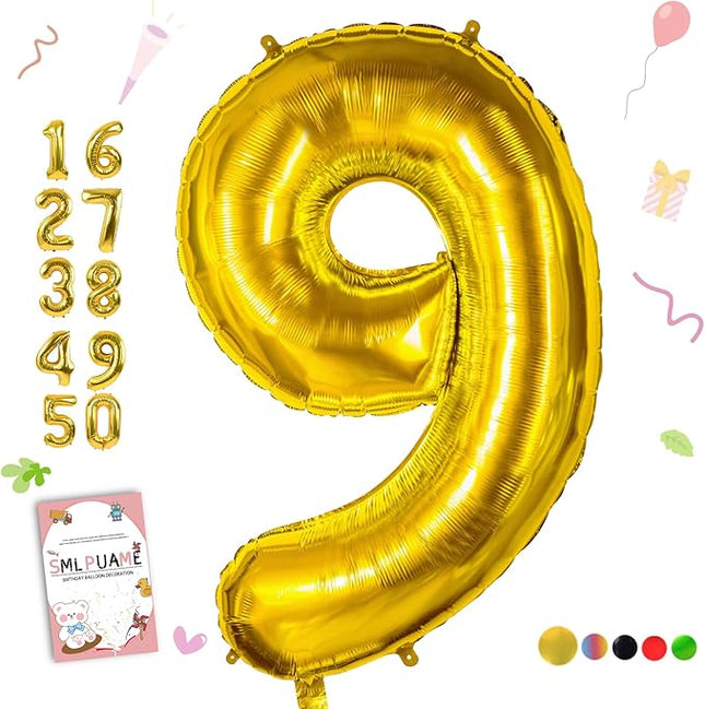 Smlpuame 40 inch Number Balloon 0-9 Gold Large Number 9 Balloons,Digital Balloons for Birthday Party Celebration Decorations Supplies, Helium Foil Number Balloons for Wedding Anniversary