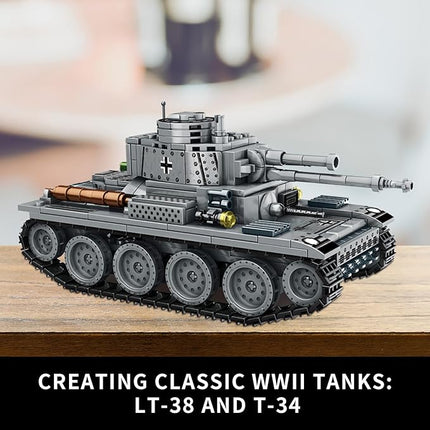 WW2 2 in 1 Army Tank Building Blocks Kit Create a German 38T & a Soviet T-34 Tank Military Toy Sets Birthday for Age 6+ Children Teens Adults 1008 Pieces
