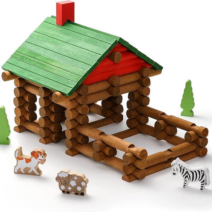 SainSmart Jr. 110 PCS Wooden Log Cabin Set Building House Toy for Toddlers, Classic STEM Construction Kit with Colorful Wood Logs Blocks for 3+ Years Old