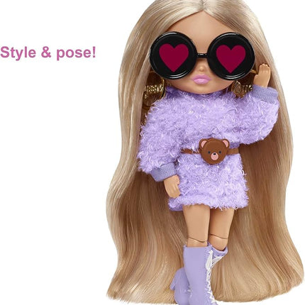 Barbie Extra Minis Doll #4 (5.5 in) Wearing Fluffy Purple Fashion, with Doll Stand & Accessories Including Teddy Ears and Sunglasses, Gift for Kids 3 Years Old & Up