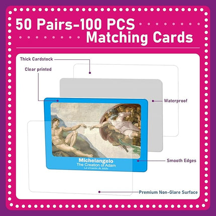 gisgfim 50 Pairs Memory Matching Game Famous Paintings Concentration Memory Card for Adults Learning Educational Game A Fun & Fast Artworks Theme Matching Games