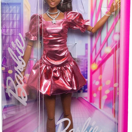Barbie Deluxe Style Doll #6 in Metallic Coral Pink Dress with Bubble Hem, Black Hair in Ponytail, Accessories Like Sunglasses, Jewelry and Handbag