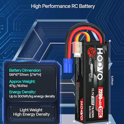HOOVO 11.1V 120C 7200mAh 3S Lipo Battery Hard Case with EC5 Connector Compatible for RC Car Truck Buggy RC Boat Tracxas LOSI Associated Racing Hobby RC Airplane UAV Drone (2 Packs)