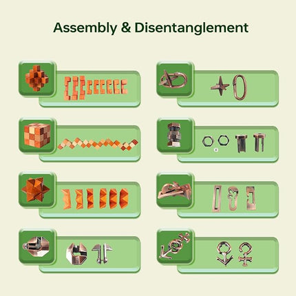 8pcs Puzzles Toys Wooden and Metal Brain Teaser Puzzles Game for Adults Kids Unlock Interlocking Puzzle IQ Education Puzzle Gift