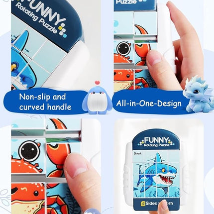 16-Piece Rotating Puzzles for Kids 4-6, Toddlers Puzzles 2-4, Road Trip, Airplane Activities Game, Travel Toys - Brain Teaser, Fine Motor Skills - Birthday Gifts Boys & Girls - Marine Life