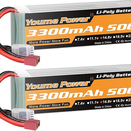 Lipo 4S Battery,14.8v 3300mAh Lipo Battery Pack 50C with T Plug for RC Helicopter Airplane Boat Quadcopter (2 Packs)