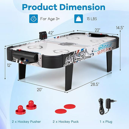 KOTEK Air Hockey Table, 42 Inch Air Hockey Arcade Table with 2 Pushers, 2 Pucks, LED Scoreboard & Electric Motor Fan, Table Top Air Hockey Game for Kids & Adults, Game Room, Home, Office, Club