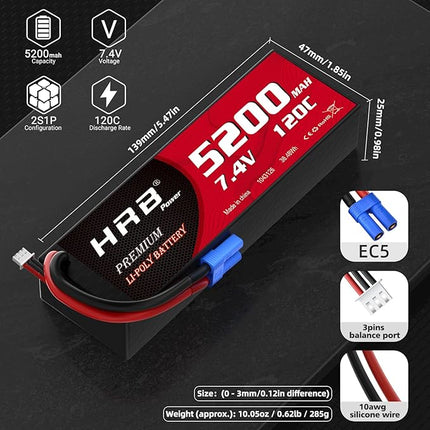 HRB 2packs 2S 5200mAh Lipo Battery with EC5 Plug 7.4V 120C Hardcase RC Lipo Battery Compatible with RC Car Airplane Helicopter Truck Boat