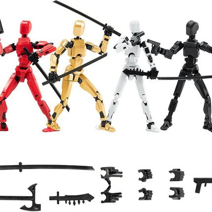 4Pack Assembled Titan T-13 Action Figures Set - Lucky Dummy Nova 13 Action Figure Robot Anime Stick Figures Fidget Toys for Boys Multi Movable Joints Gifts Toys for Kids (Golden+Black+White+Red)