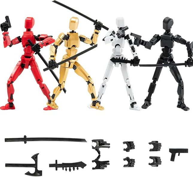 4Pack Assembled Titan T-13 Action Figures Set - Lucky Dummy Nova 13 Action Figure Robot Anime Stick Figures Fidget Toys for Boys Multi Movable Joints Gifts Toys for Kids (Golden+Black+White+Red)