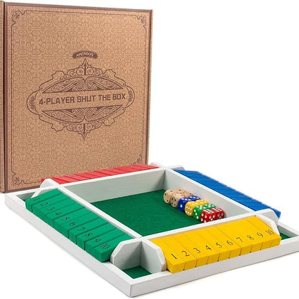 AMEROUS Shut The Box Dice Game-12 inches-Colorful Design-1-4 Players-12 Dice-Gift Package, Classic 4 Sided Wooden Board Game for Adults Kids, Classics Board Game