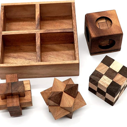 BSIRI Wooden Puzzle Box Set (4 Games) - Challenging Brain Teasers 3D Puzzles for Adults, Interlocking Games for IQ Test. Ideal for Rustic Patio Decor, Unique Gift for Christmas and Birthdays