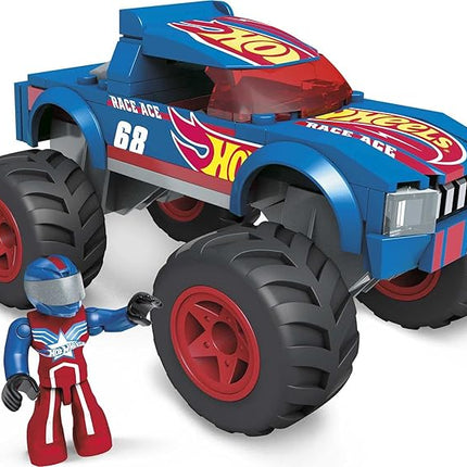 MEGA Hot Wheels Monster Trucks Building Toy Playset, Race Ace with 69 Pieces, 1 Micro Action Figure Driver, Red, Kids Age 5+ Years