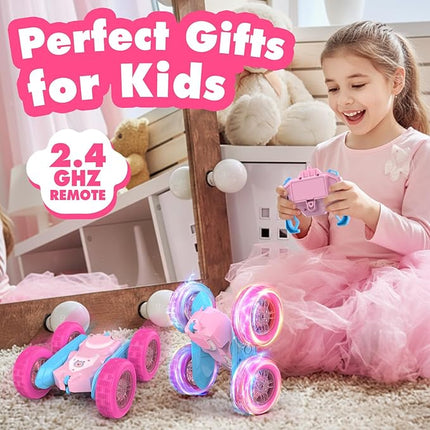 NQD Pink Remote Control Car for Girls, 360° Spin Flip RC Stunt Car with Flashing Wheel Lights 2 Batteries, Double Sided 4WD Off-Road RC Toy Gift for Girls Xmas Birthday