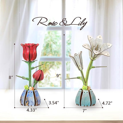 Jege 3D Flowers Wooden Puzzles for Adults,DIY Wooden 2 Flowers per Kit Building Set for Home Decor, Creative Craft Gift Toys Kits with 2 Perfume Bottles and Diffuser Sticks (Rose + Lily)
