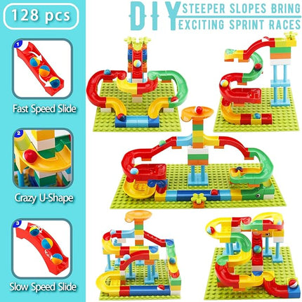Marble Run Building Blocks for Kids Age 3-8, 128 Pcs STEM Building Bricks Set with Toss Ring Game, Educational Learning Toys for Toddlers Boys Girls Gifts- Compatible with All Major Brands