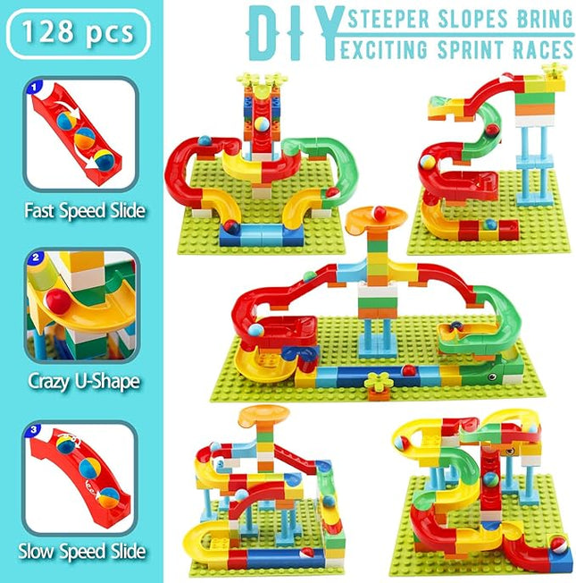Marble Run Building Blocks for Kids Age 3-8, 128 Pcs STEM Building Bricks Set with Toss Ring Game, Educational Learning Toys for Toddlers Boys Girls Gifts- Compatible with All Major Brands