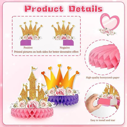 12 PCS Princess Party Honeycomb Centerpieces Decorations, Pink and Gold Party Table Topper Centerpieces for Girls Birthday Christmas Party (Princess Set)