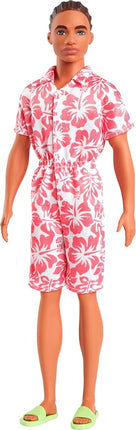 Barbie Fashionistas Ken Doll #235 with Braided Brown Hair, Wearing Coral Jumpsuit with Hawaiian Print and Green Sandals