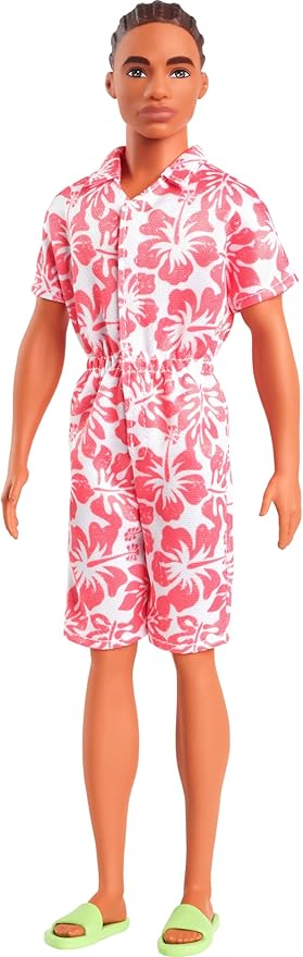 Barbie Fashionistas Ken Doll #235 with Braided Brown Hair, Wearing Coral Jumpsuit with Hawaiian Print and Green Sandals