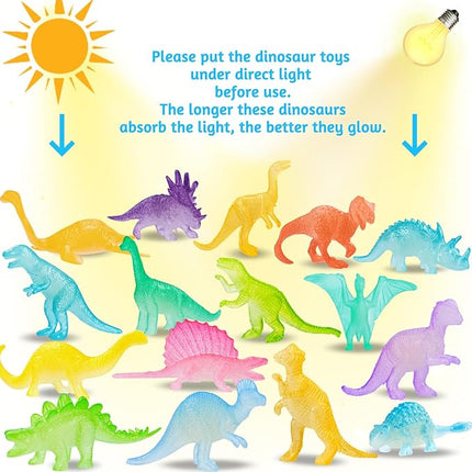 16PCS Glow in Dark Mini Dinosaur Figures for Kids Birthday Party Favors Supplies Dino Cupcake Topper Decoration Goodie Treat Bag Stuffers Pinata Fillers Treasure Carnival Prizes Valentines Day Gifts
