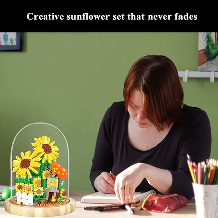 QARULUS Sunflower Flower Bouquet Building Toy Mini Bricks Flowers Set Adult Botanical Collection Friends Set DIY Plants Bonsai Tree Valentine's Christmas New Year Birthday for Women