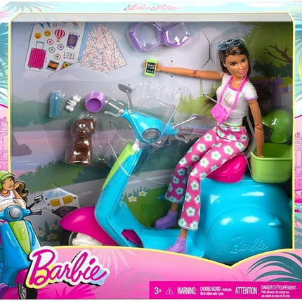 Barbie Fashionistas Doll and Scooter Travel Playset with Pet Puppy and Themed Accessories
