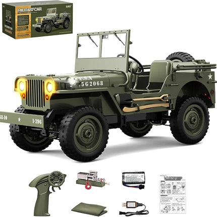 Remote Control Truck, RC Willys Military Jeep Car 1/12 Scale with Rechargeable Battery & Winch System, 2.4Ghz 4x4 Off-Road Remote-Control Crawler Vehicle for Boys Adult, Christmas Birthday Gift