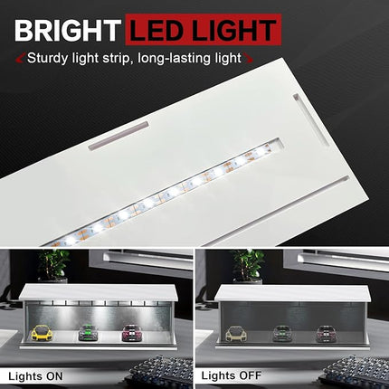 1/64 Scale Diecast Display Case for Hot Wheels Matchbox Cars, Toy Car Model Mini Garage with LED Light and Acrylic Cover, Stackable Parking Lot Diorama Storage for Collection Present