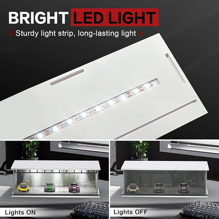 1/64 Scale Diecast Display Case for Hot Wheels Matchbox Cars, Toy Car Model Mini Garage with LED Light and Acrylic Cover, Stackable Parking Lot Diorama Storage for Collection Present