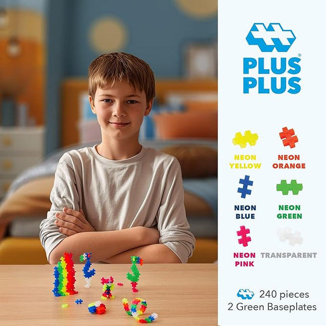PLUS PLUS 240 Piece Interlocking Building Blocks for Kids, Open Ended Connecting Toys, STEM Bin Mini Manipulatives - Neon Mix Play Tube & Baseplate