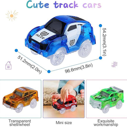 Tracks Cars Magic Light Up Track Cars Toy Glow in The Dark for 3 4 5 6 7 8 Kids Boy Girl, Race Cars with 5 LED Flashing Light Battery Operated Vehicle Compatible w/Most Tracks (4Pcs)