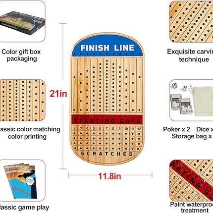 Large 21 Inches Horse Racing Board Game with 11 Luxury Metal Horses Thickened Wood Finish Line Horse Race Game Chessboard Including Dices and Cards (Log,Oval)