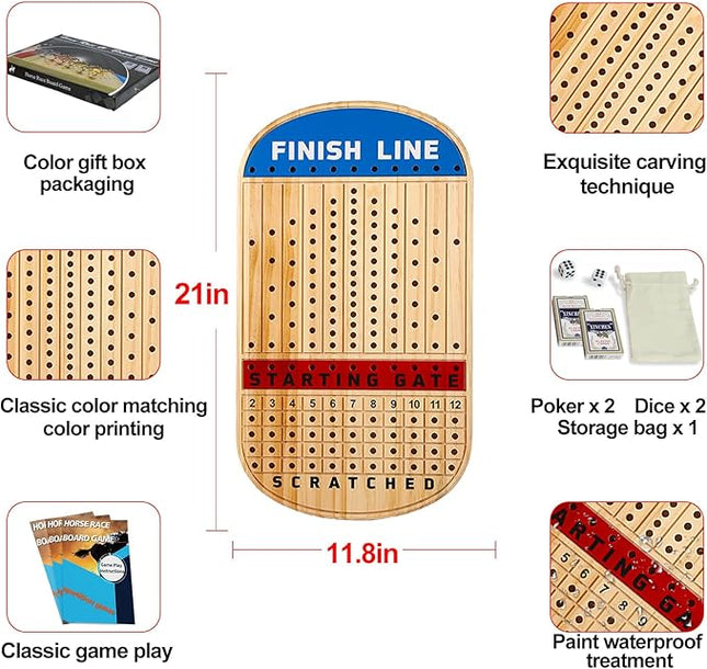 Large 21 Inches Horse Racing Board Game with 11 Luxury Metal Horses Thickened Wood Finish Line Horse Race Game Chessboard Including Dices and Cards (Log,Oval)
