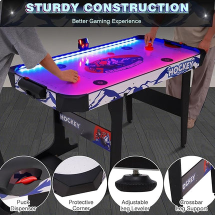 57" LED Light-Up Air Hockey Table, Foldable Arcade Style Air Hockey Game Set w/Accurate Electronic Scoring, in Line Power Switch, Powerful Motor for Kids Adults, Home Game Room