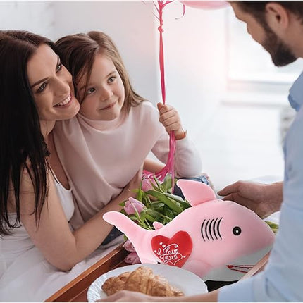 DolliBu I Love You Valentine Plush Pink Shark - Cute Stuffed Animal with Red Heart and Name Personalization Gift for Valentines Day, Birthday, Anniversary, Romantic Date - 12 Inches