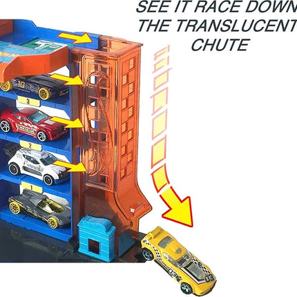 Hot Wheels City Toy Car Track Set, Downtown Car Park Playset with 1:64 Scale Vehicle, 4 Levels, Working Lift & Exit Chute