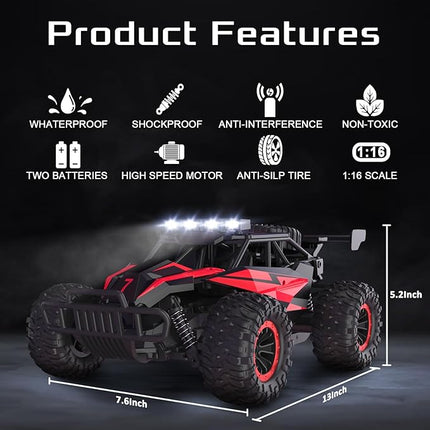 1:16 Scale Remote Control Car, 20 Km/h High Speed Remote Control Truck Off Road RC Monster Vehicle with LED Headlights and Chassis Lights, Electric Toy for Boys Kids and Adults