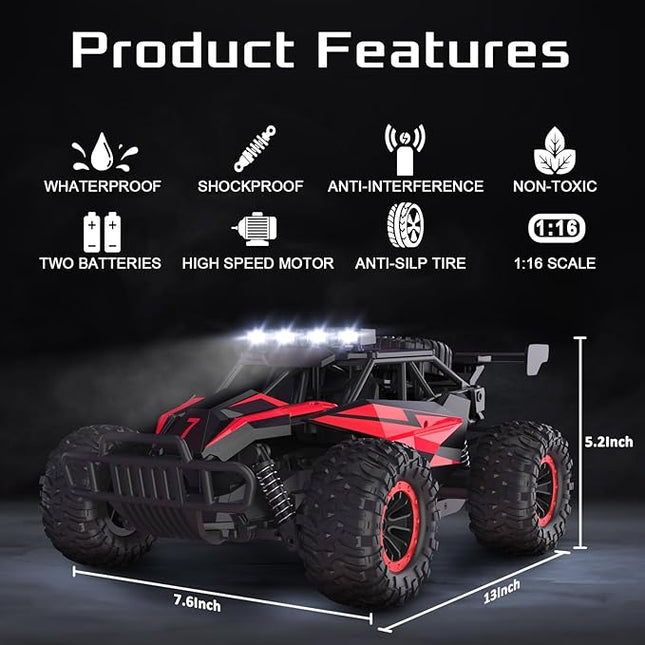 1:16 Scale Remote Control Car, 20 Km/h High Speed Remote Control Truck Off Road RC Monster Vehicle with LED Headlights and Chassis Lights, Electric Toy for Boys Kids and Adults