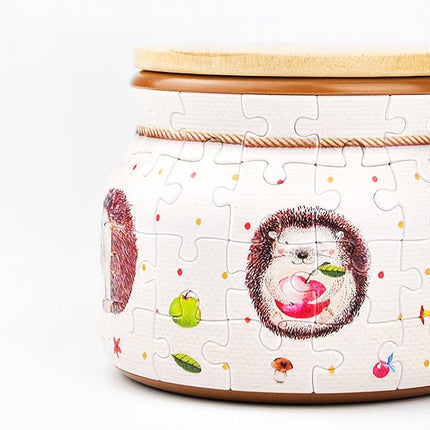 Pintoo 3D Puzzle Jar 64 Plastic Pieces for Adults - Hedgehog and Apple - Wooden Lid Container for Kitchen Dining Study Living Room No Glue Requied Small [BC1001]