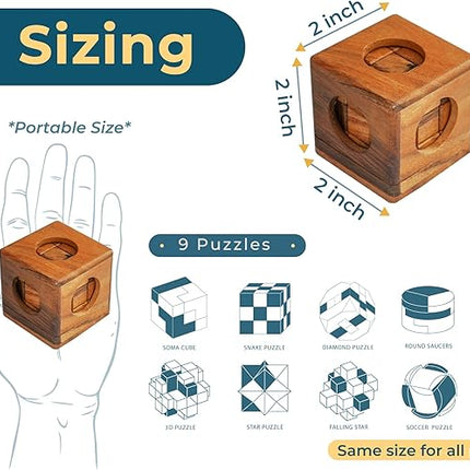 BSIRI 9 in 1 Wooden Brain Teaser Puzzles for Adults Teens and Kids Box Set for All Ages Wood Hard Level 10 Impossible Mind Wood Brain Teaser Games 3D Hand Puzzle Sets for Decoration and Mini Toys