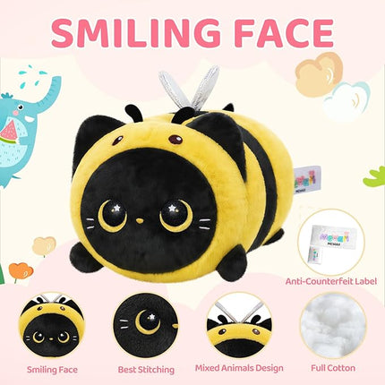 Mewaii Cute Black Cat Bee Plush Pillow, Kawaii Plushies Bee Stuffed Toy, Kitten Plushies with Honeybee Outfit Costume, Soft Squishy Bee Gift for Girls & Kids (8 Inch)