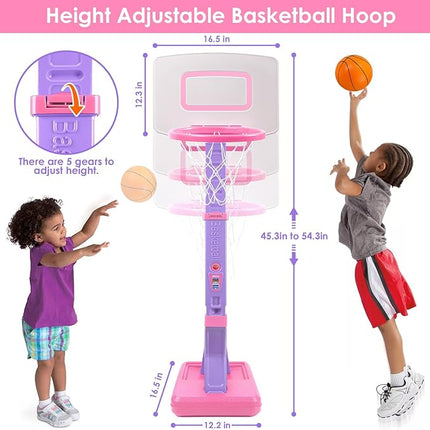 Toddler Pink Basketball Hoop Indoor Set for Age 1-3 2-4 3-5,Adjustable Mini Basketball Hoops for Outdoor Poolside Play,Sport Toys for Little Boys Girls Birthday Gifts