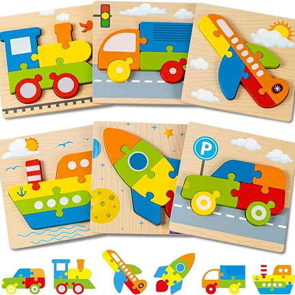 Wooden Vehicle Puzzles Toy Gift for 1, 2, 3 Years Old Boys Girls, Toddler Best Birthday Gift with 6 Vehicle Baby Montessori Color Shapes Learning Puzzles - Kids Educational Developmental Toys
